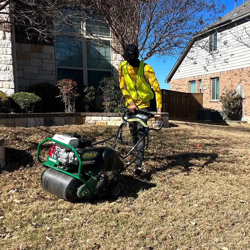 Core aeration machine pulling plugs from a San Antonio lawn